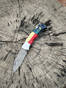 มีดพับเหล็กดามัสกัสทำมือ พร้อมซองหนัง ด้ามไม้และกระดูก สำหรับพกพาในชีวิตประจำวันและล่าสัตว์ รับผลิตแบบ OEM - Product Image 2