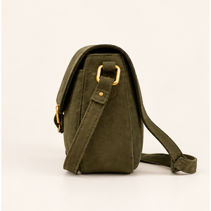 Sac bandoulière en daim véritable pour femme, modèle selle, olive, logo personnalisé, OEM ODM, vente en gros, fermeture à rabat, quincaillerie or/argent, collection 2026 - Product Image 2