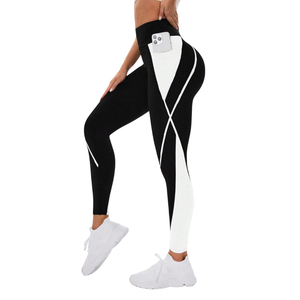 Womens High Waist Knitted Color Block Logo Yoga <b>Leggings</b> Side Pockets Stretch Fitness Running Ankle Length Workout Training - Product Image 3