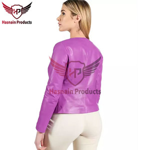 Womens Real Purple <b>Leather</b> <b>Jacket</b> Collarless Crew Neck Sheepskin Coat Zipper Front Side Pockets Slim Fit Custom Outwear New Look - Product Image 3