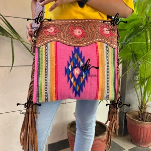 Selimut sadel Aztec tas kain Bohemian Aztec selempang pinggiran ukiran tolok tangan koleksi gaya tas terlaris untuk wanita