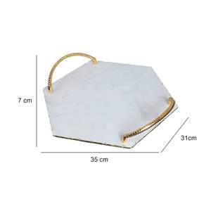 Bandeja de mármol en forma de hexágono blanco con mango de metal dorado - Product Image 5