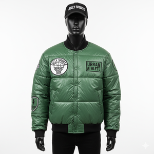 แจ็กเก็ตปลาปักเป้าสีเขียวผ้าไนล่อน320GSM แวววาวพร้อมปักโลโก้ตามสั่งทนทานแผงผ้าควิลท์แจ็กเก็ตปลาปักเป้าสำหรับผู้ชาย - Product Image 1