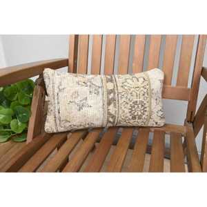 <b>Beige</b> Woven Kantha Patchwork Wool <b>Throw</b> Pillow 8x16 Inch Vintage Floral Embroidery Eco-Friendly Non-Slip Removable Washable - Product Image 1