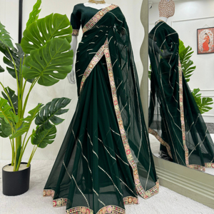 Sari de Georgette de diseñador de elegancia étnica con bordado de lentejuelas Sari ligero de moda para mujer - Product Image 1