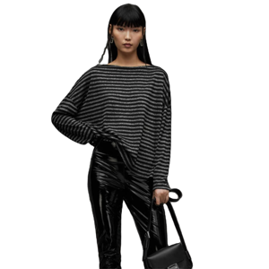 Pull tricoté rayé oversize pour femme, col rond, épaules tombantes, manches longues, coupe ample, anti-boulochage, longueur intégrale, 100 % acrylique - Product Image 1