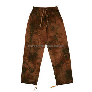 Pantalones rectos de moda de calle alta para hombre, pantalones de chándal de algodón con tinte de corbata de lona con logotipo de serigrafía personalizado con cintura con cordón - Product Image 1
