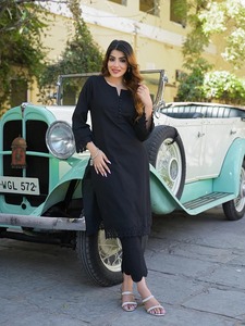 Plus size Women <b>Indian</b> Ethnic Solid Black lace Cotton Shirt Kurta with <b>Trouser</b> Suit Women traditional Dress XS to 6XL girls - Product Image 3