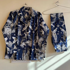 Bleu coton biologique femmes costume de nuit imprimé col en V pyjamas respirant doux confortable Sexy ensemble de vêtements de nuit motif Animal - Product Image 1