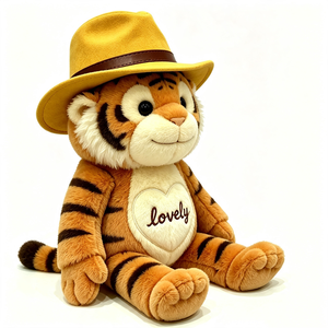 Peluche de Tigre Vaquero Personalizado con Sombrero de Vaquero, Material Suave, Relleno de Algodón PP, Corazón Bordado - Regalo de Cumpleaños - Product Image 1