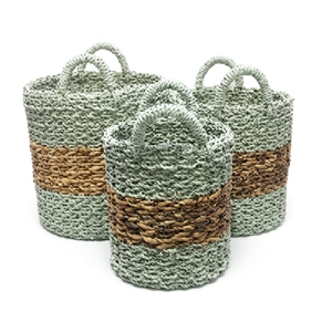 Natural Banana Bark Recycled <b>Plastic</b> Storage <b>Basket</b> Set Horizontal Band Arch Handle Pot Planter Organizer Setup Decor Pure Art - Product Image 1