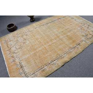 Vintage 4.8ft X 8.1ft Turkish Rug Classic Large Area Rectangle Hallway Pattern <b>Yellow</b> Beige <b>Wool</b> Latex Backing for Teen's Room - Product Image 2