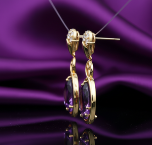 Boucles d'oreilles pendantes ovales en améthyste bleue 13×18 avec zircone cubique |   Boucles d'oreilles en argent sterling 925 plaqué or 18 carats pour mariage et cérémonie - Product Image 3