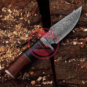 Couteau Bowie en acier damas à haute teneur en carbone manche en bois couteaux de camping de chasse de survie en plein air - Product Image 2