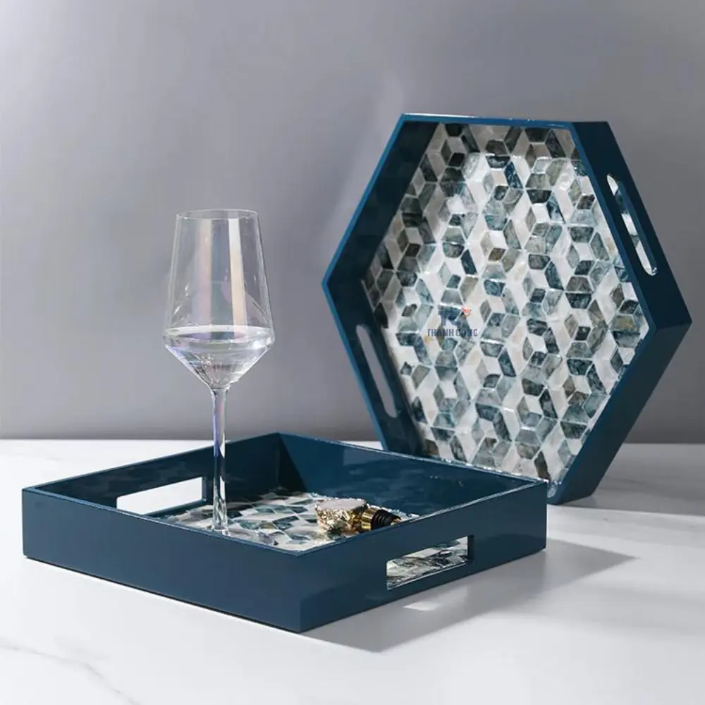 Lacquered Blue Mother of Pearl Inlay Square Tray Lacquer Tray Wholesales Mother of Pearl Serving Tray