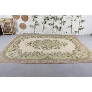 Alfombra turca vintage de 7,1x10,2 pies, tradicional, verde, beige, tejido plano, diseño de retazos, látex de lana para sala de estar, Aubusson - Product Image 3