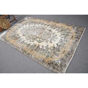 Vintage Turkish Large Rug 5.4x8.6 ft, <b>Brown</b> Gray Bordered <b>Wool</b> Rug - Product Image 1