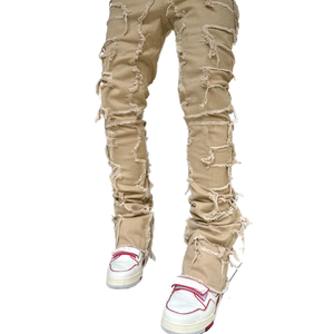 Fashion Street Wear Canvas Lightweight High Flat Front Patches Colored Wash Edge <b>Skinny</b> <b>Fitted</b> Distressed <b>Jogger</b> Pants 100% - Product Image 1