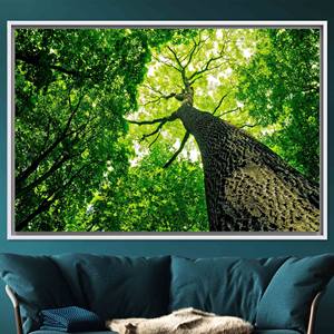 Arte de pared en lienzo impreso con paisaje de árboles verdes: decoración boho, lienzo con marco blanco - Product Image 1