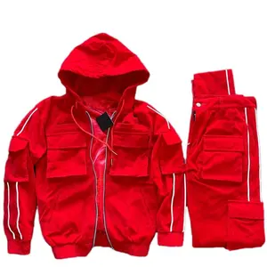 2024 3M rojo reflectante Tech Suit terciopelo chándal jogging traje cortavientos conjunto de dos piezas para invierno gimnasio rayas escuela