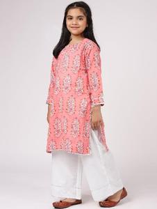 Kurta court droit en coton à manches longues imprimé rose avec pantalon palazzo pour enfants - Product Image 4