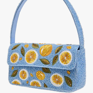 Luxury Light <b>Blue</b> Beaded Shoulder <b>Bag</b> Yellow Lemon Slice Pattern Summer Purse Embroidered Fruit Motif Fashion <b>Party</b> Handbag - Product Image 1