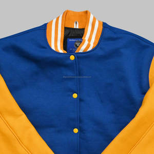 Chaqueta universitaria Letterman personalizada unisex lana Melton azul y amarilla con procesamiento recubierto de cuello levantado de cuero genuino - Product Image 5