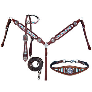 Headstall y Breastplate con diseño de impresión a mano Diseño personalizado Leather Horse Western Tack Set Headstall & Breastplate - Product Image 6