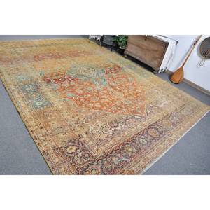 พรมปะต่อสีส้มและสีฟ้าคลาสสิก9x13ft ขนสัตว์ตุรกีและน้ำยางเหนียวด้านหลังสำหรับห้องนั่งเล่นสไตล์ Tabriz สำหรับวัยรุ่น - Product Image 1