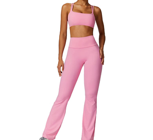 Conjunto de Yoga femenino de 2 piezas de buena calidad, Sujetador deportivo de patrón sólido y mallas con logotipo frontal, transpirable ecológico para mujer - Product Image 1