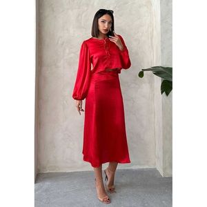 TOPSHOW Women's Elegant Crushed Satin High Waist A-Line Midi Skirt for Wholesale - Vibrant Red - Product Image 4