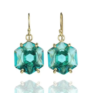 ต่างหูพลอยทัวร์มาลีนสีฟ้ารูปหกเหลี่ยมแบบห้อยต่างหูอัญมณีแบบห้อยสีทองต่างหูแบบห้อยสำหรับงานวันเกิด - Product Image 1