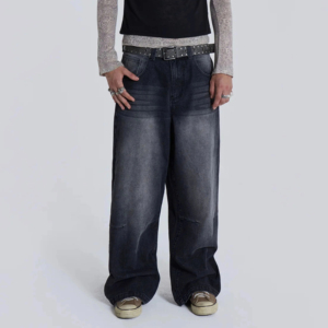 Pantalones vaqueros de mezclilla lavados a la piedra de pierna ancha, cintura alta, corte holgado, de algodón, estilo urbano para hombre, estilo otoñal - Product Image 5