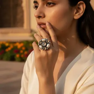 925 Silver Boho Geometric Ring with Moonstone & Pearl Statement Jewelry for Women Rhodium Plated <b>Set</b> for Wedding - Product Image 2