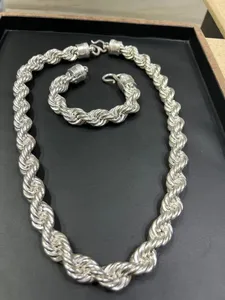 Cadena y pulsera de cuerda combinada de Plata de Ley 925 sólida, cadena chapada en plata auténtica sólida para joyería de moda para hombres - Product Image 2