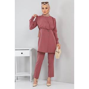 Traje de Pantalón Midi Largo para Mujer con Detalle de Botones y Rosas 10743 - Blazer de Cuello Cuadrado Formal de Oficina con Decoración de Plumas XS Holgado - Product Image 1