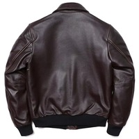Jaket Kulit Sapi Cokelat Tua Pria Kerah Tegak Ramah Lingkungan Model Aviator dengan Lis Bergaris, Pakaian Luar Musim Dingin Gaya Vintage