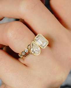 Esmeralda y pera corte Toi Et Moi anillo 11x9mm 10x7mm blanco CZ dos piedras oro joyería de compromiso - Product Image 2