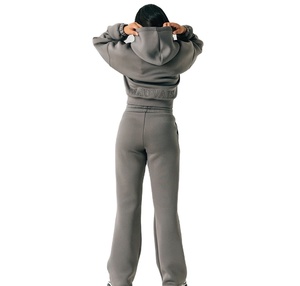 Survêtement en toile à jambes larges pour homme, jogging oversize, sweat-shirt à capuche court, pantalon de jogging à jambes larges, taille haute élastique, décontracté - Product Image 1