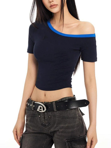 เสื้อครอปโชว์ไหล่ Babe สุดเซ็กซี่สำหรับผู้หญิงเสื้อยืดออกกำลังกายกลางแจ้งเสื้อฟุตบอลแบบถัก - Product Image 4