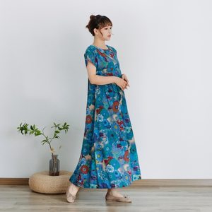 เดรสแม็กซี่ผ้าฝ้ายพิมพ์ลายสำหรับผู้หญิง, เดรสลำลองทรงหลวมใส่สบายแขนสั้นใส่อยู่บ้าน - Product Image 3