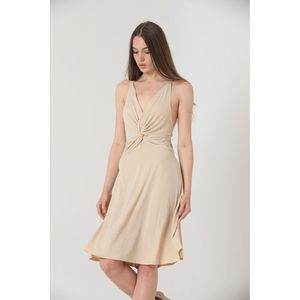 TOPSHOW Women's Elegant Taupe Spaghetti Strap V-Neck Knee-Length Dress, 100% Polyester Knitted Crepe Fabric - Product Image 1