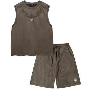 Mode estivale Cardigan décontracté pour hommes Ensemble 2 pièces Chemise à rayures verticales de couleur unie et respirante sans manches 2025 - Product Image 1