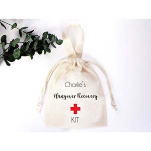 Custom Name <b>Hangover</b> <b>Recovery</b> <b>Kit</b> Bags 6W X 8H Organic Cotton Screen Printing and Embroidery Logo Dust Use - Product Image 1