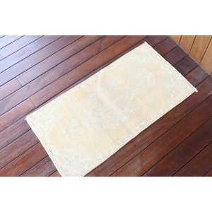 Alfombra Turca Vintage, Alfombra Pequeña de 1,4x2,8 pies, Alfombra Blanca a Rayas - Product Image 2