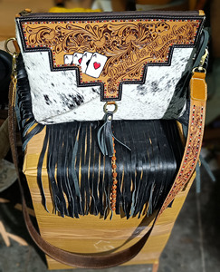Western Cowhide Hairon <b>Leather</b> Fringe Crossbody Bag | Hand <b>Tooled</b> Genuine <b>Leather</b> Shoulder Purse for Women | Western Handbag - Product Image 4