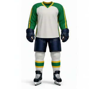 ชุดฮอกกี้น้ำแข็งขายส่ง สีเขียว-เหลือง แขนเสื้อตัดสี ชุดทีม ด้านหน้า-ด้านหลัง ชุดกีฬา รับผลิตแบบ OEM - Product Image 1