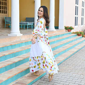 Nouveau Dot Print Floor Length Square Neck Puff Three Quarter Sleeve Designer Heavy Maxi Dress - Product Image 3