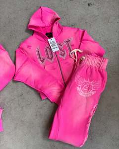 เสื้อวอร์มมีฮู้ดและกางเกงขาบานสำหรับผู้ชายผ้าคอตตอนลายปักลายกรดซักแบบกำหนดเอง500แกรมเฟรนช์เทอร์รี่ - Product Image 1