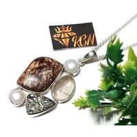 Pendentif chaîne en argent 925 avec pierres précieuses multiples : bronzite, pyrite, perle, quartz rutile doré, bijoux de mariage et de mode pour mariée